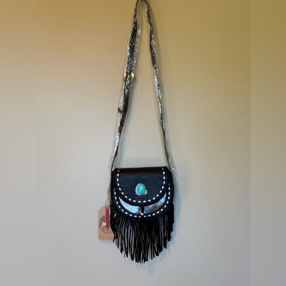 Western Black Fringe Crossbody Bag Turquoise Boho Shoulder Purse NWT - Picture 2 of 12